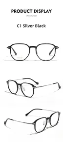 Detail view of square black TR90 frames with silver titanium temples from three angles
