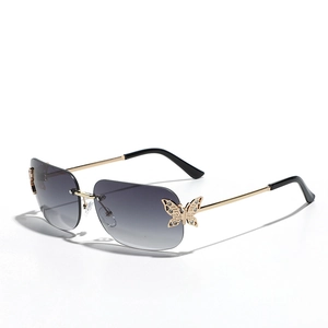 Y2K rimless square sunglasses with butterfly diamond accents and grey gradient lenses