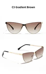 Detail of cat eye sunglasses with gold hollow metal temples and gradient tea lenses