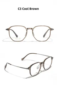 Detail view of cold brown translucent TR90 titanium square frames with slim metal temples