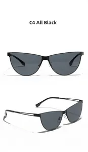 Close-up of cat-eye sunglasses with hollow metal temples and size specs on inner arm