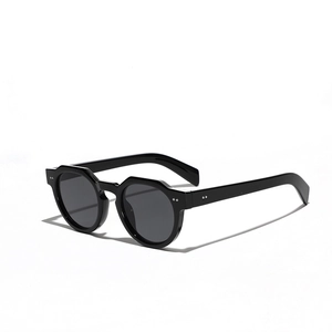 Retro black thick frame polygon sunglasses with metal rivets shown from 45-degree angle