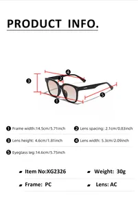 Detailed size chart for square rivet sunglasses with precise frame measurements