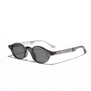 Retro oval sunglasses with translucent taupe frames and dark gray lenses for men and women