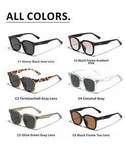 Showcase of square oversized rivet sunglasses in six colors with gradient and solid lenses