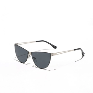 Chic silver metal cat-eye sunglasses with hollow temples and dark grey lenses