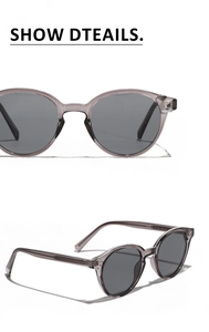 Détail des lunettes de soleil rondes vintage en TR90 avec modèle TR28021 et marquage CE