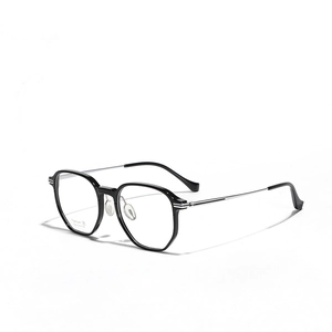 Minimalist square titanium eyeglasses with black frame and silver metal temples