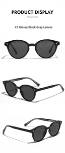 Vues détaillées des lunettes de soleil rondes TR90 noires avec verres gris et ornements