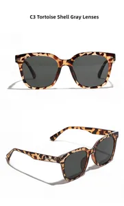 Detail view of square oversized sunglasses with tortoise shell frame and dark grey lenses
