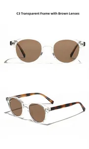 Détails des lunettes de soleil rondes C3 avec monture transparente et branches écaillées