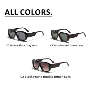 Three square-frame sunglasses in black, tortoise, and gradient brown with rivet details