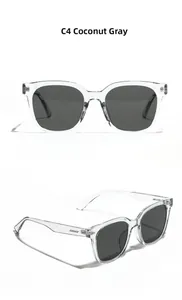 Detail view of square rivet sunglasses in coconut gray with transparent frames