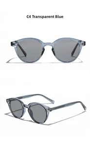 Détails des lunettes de soleil rondes rétro TR90 en bleu transparent avec verres gris