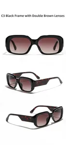 Three-angle view of square sunglasses with thick black frames and tortoiseshell temples