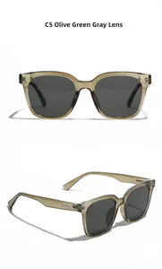Detailed views of square olive green sunglasses with gray lenses and silver rivet accents