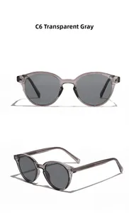 Détail des lunettes de soleil rondes rétro TR90 gris transparent avec broches en métal