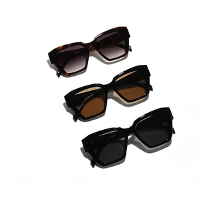 Three pairs of oversized square fashion sunglasses in black, tortoiseshell, and purple colors