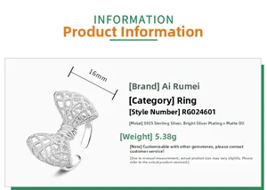 Detail showing S925 sterling silver bow ring dimensions of 16mm and intricate mesh texture