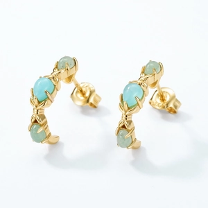 Elegant 925 sterling silver C-shaped stud earrings with light blue amazonite gemstone