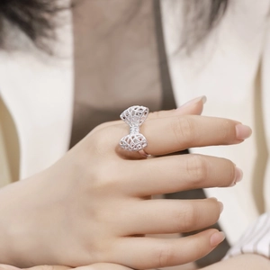 Elegant S925 sterling silver bow ring with intricate hollow lace filigree for women