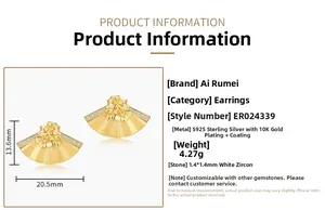 Macro view of gold S925 sterling silver fan-shaped flower earrings with white zircon
