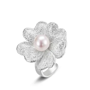Orchid Flower Ring 925 Sterling Silver Natural Bread Artificial Pearl Brushed Texture Vintage Open Adjustable For Women