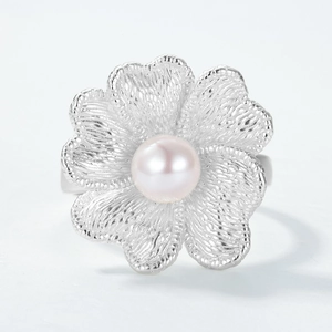 S925 sterling silver orchid ring with brushed texture and a central pink pearl