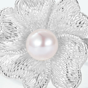 Handcrafted brushed silver orchid ring with a large pink pearl in a vintage palace style
