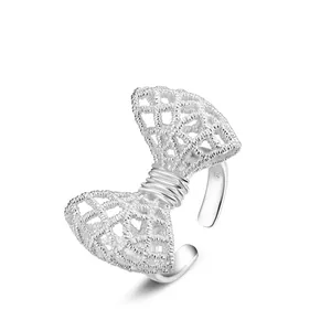 925 Sterling Silver Lace Edge Bowknot Open Ring For Women Elegant Hollow Out Adjustable Ins Style Jewelry Finger Ring