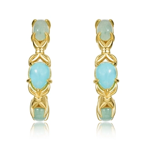Exquisite gold C-shape drop earrings featuring light blue and green amazonite stones