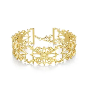 Vintage 925 Sterling Silver Gold Plated Hollow Out Filigree Bangle Bracelet For Women Geometric Floral Elegant Jewelry