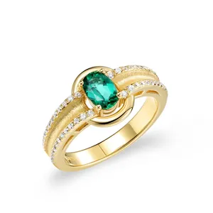 Bague Vintage en Argent Sterling S925 Plaqué Or Avec Émeraude Laboratoire Finition Brossée Strass Bijoux pour Femmes