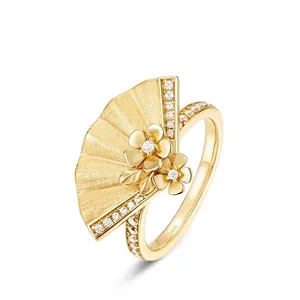 Vintage S925 Sterling Silver Gold Plated Fan Shape Floral Zirconia Ring Earrings Necklace For Women Niche Design Jewelry