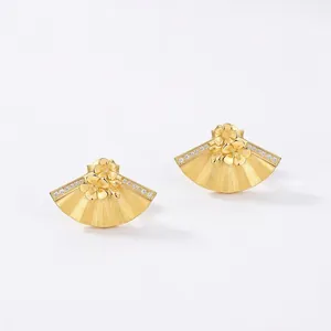 925 Sterling Silver Zirconia Jewelry Set Hand Brushed Gold Fan Shape Flower Earrings Necklace Ring For Women Elegant Jewelry