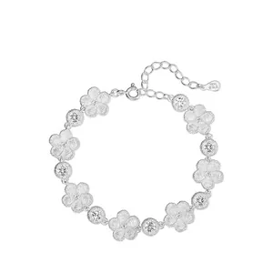 Bracelet Fleur de Prunier en Argent Sterling S925 Filigrane Brossé Zirconia Style Ethnique Bijoux de Mode pour Femmes