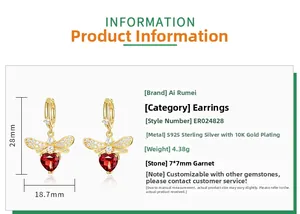 Detail view of S925 silver bee earrings with heart-cut garnet and product specifications