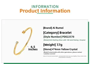 Détail du bracelet ouvert en argent S925 plaqué or 10K avec citrine 4x4mm