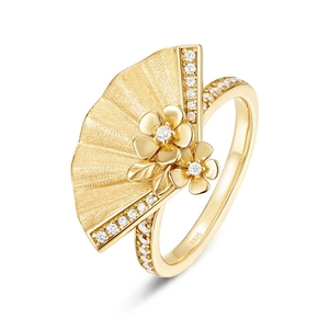Italian style brushed fan ring in S925 gold-plated silver with floral diamond accents