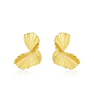 925 Sterling Silver Gold Plated Ginkgo Leaf Fan Stud Earrings For Women Handmade Brushed Texture Vintage Design Jewelry