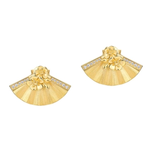Elegant S925 silver fan-shaped flower earrings with gold brushed finish and zircon accents