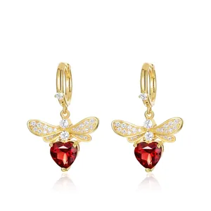 S925 Sterling Silver Bee Heart Natural Garnet Earrings Necklace Set Gold Plated Rhinestone Insect Jewelry For Women Romantic Gift