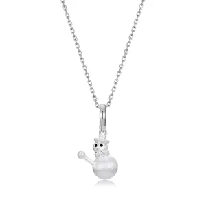 S925 Sterling Silver Snowman Pendant Necklace For Women Christmas Gift Handmade Brushed Finish White Black Zirconia Fine Jewelry