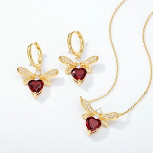 S925 sterling silver honey bee jewelry set with heart red garnet and white crystals