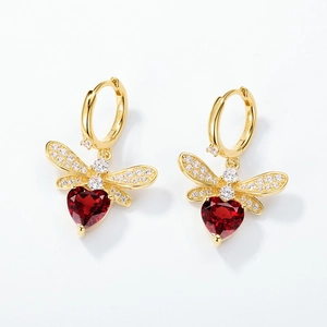S925 silver gold bee hoop earrings with heart-shaped red garnet and zircon inlay