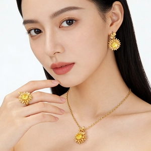 S925 sterling silver sunflower jewelry set with brushed gold finish and yellow gemstones