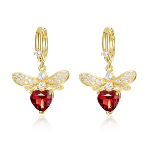 S925 silver bee hoop earrings with red heart gemstone and sparkling zircon wings