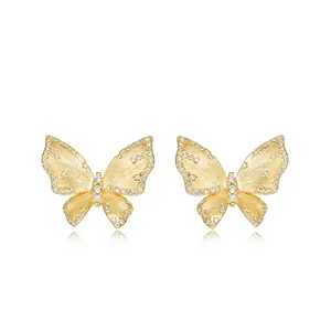Boucles d'Oreilles Clous Papillon Brossées à la Main Italiennes Argent Sterling 925 Plaqué Or Champagne Strass Bijoux Femme