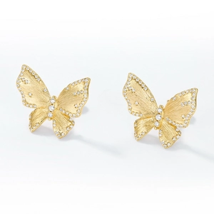 Boucles d'oreilles papillon italiennes en or brossé avec zircons blancs