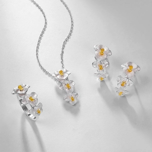 Elegant S925 silver orchid jewelry set including necklace, ring and earrings